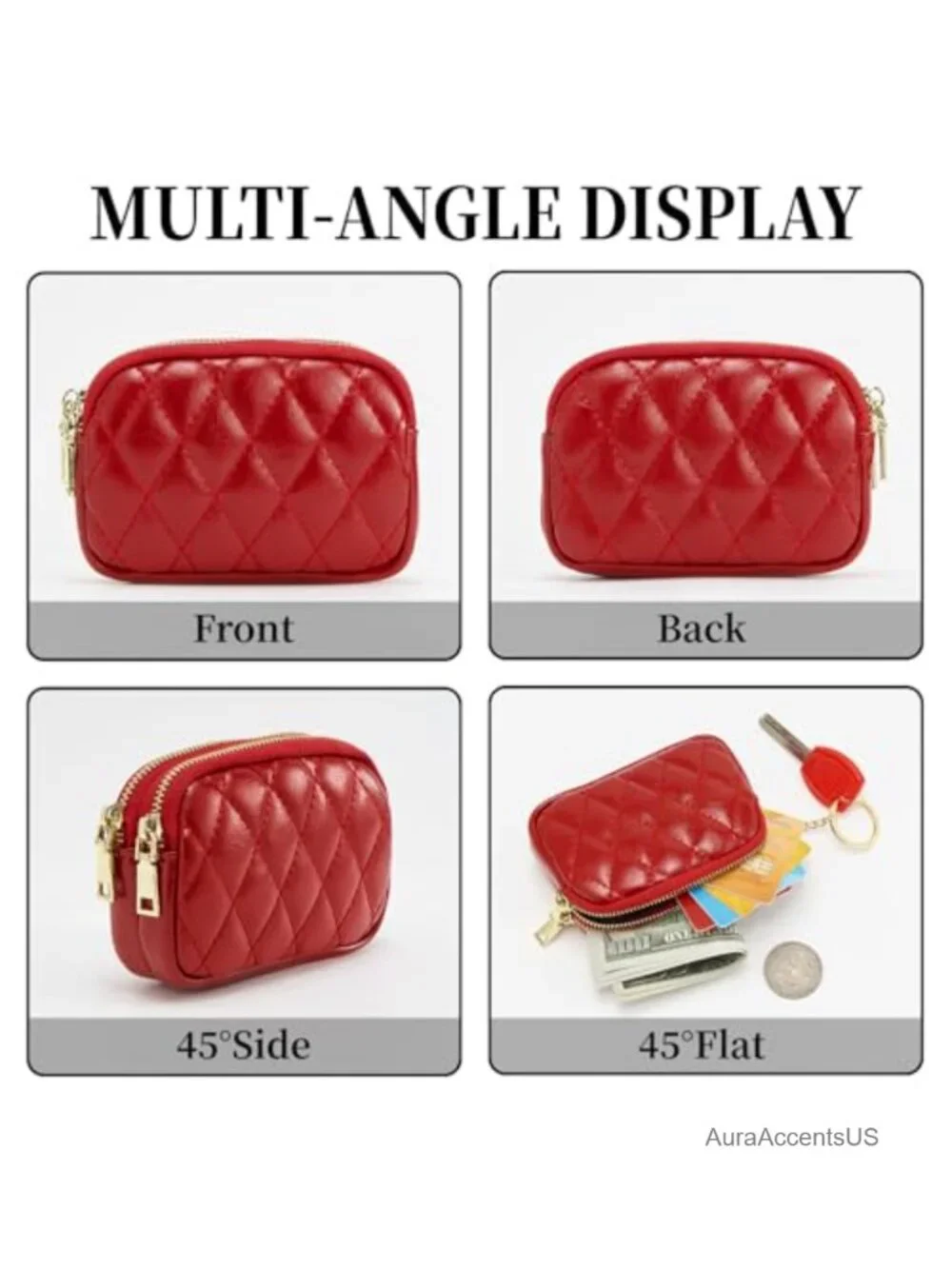 Leather Coin Purse with Key Ring, 2-Zipper Change Wallet, Small Coin Holder
